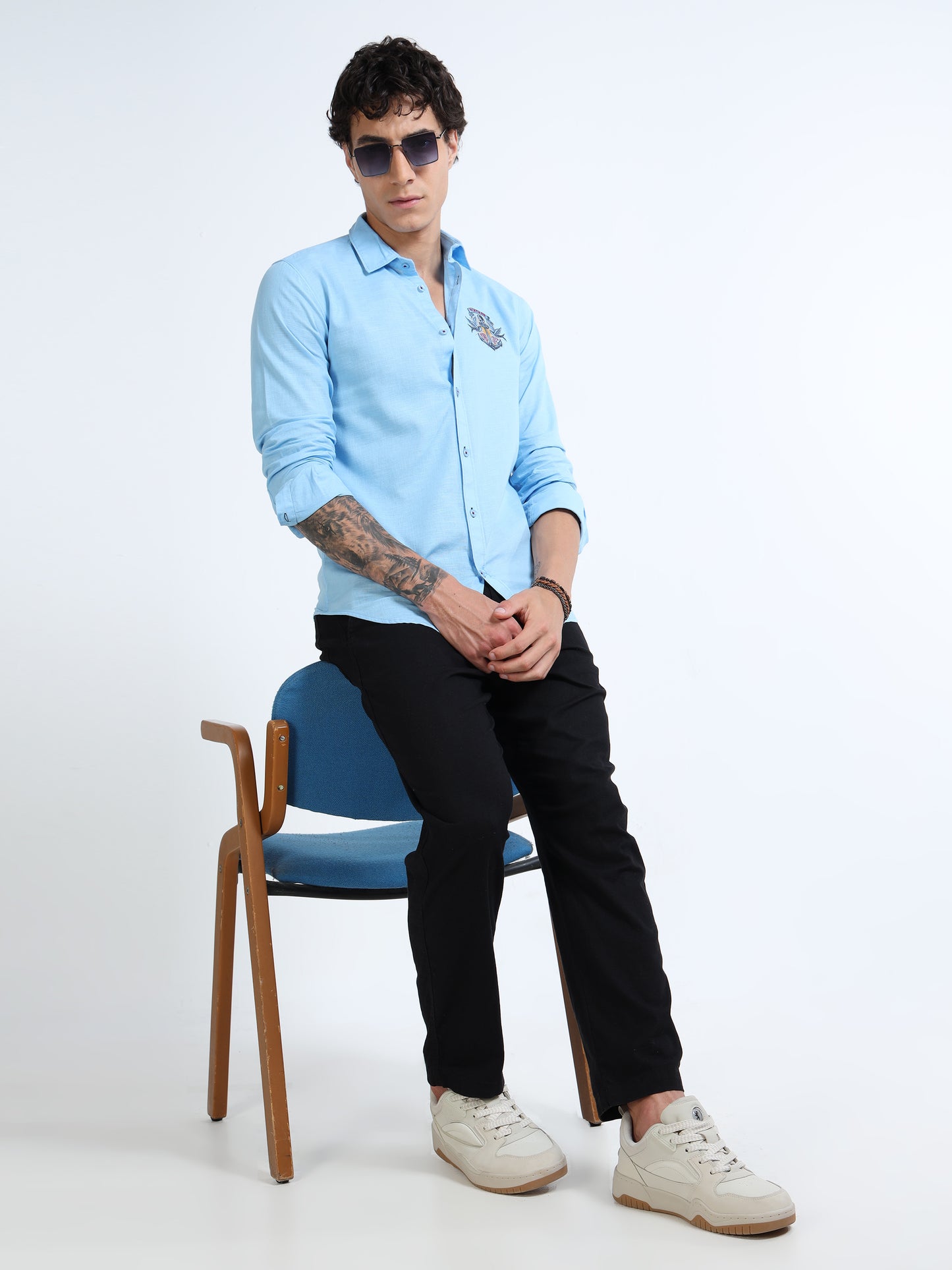 Men’s Light Blue Cotton Casual Shirt with Anchor Embroidery Detailing