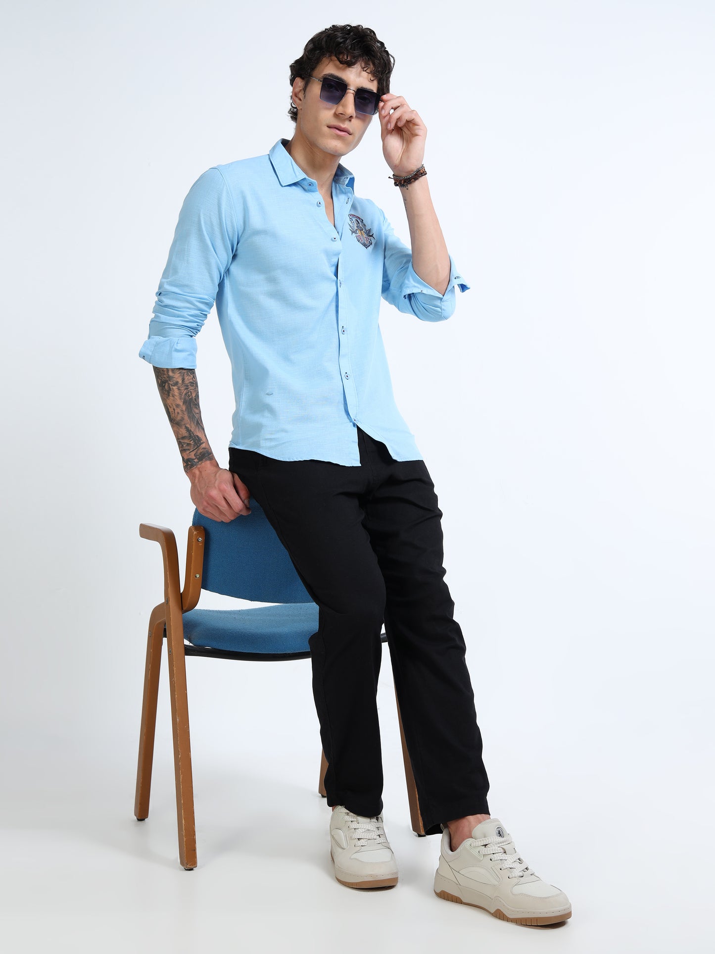 Men’s Light Blue Cotton Casual Shirt with Anchor Embroidery Detailing
