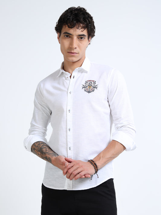 Men’s White Cotton Casual Shirt with Anchor Embroidery Detailing
