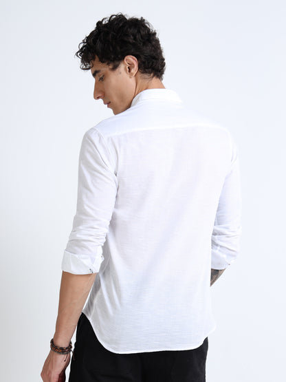Men’s White Cotton Casual Shirt with Anchor Embroidery Detailing