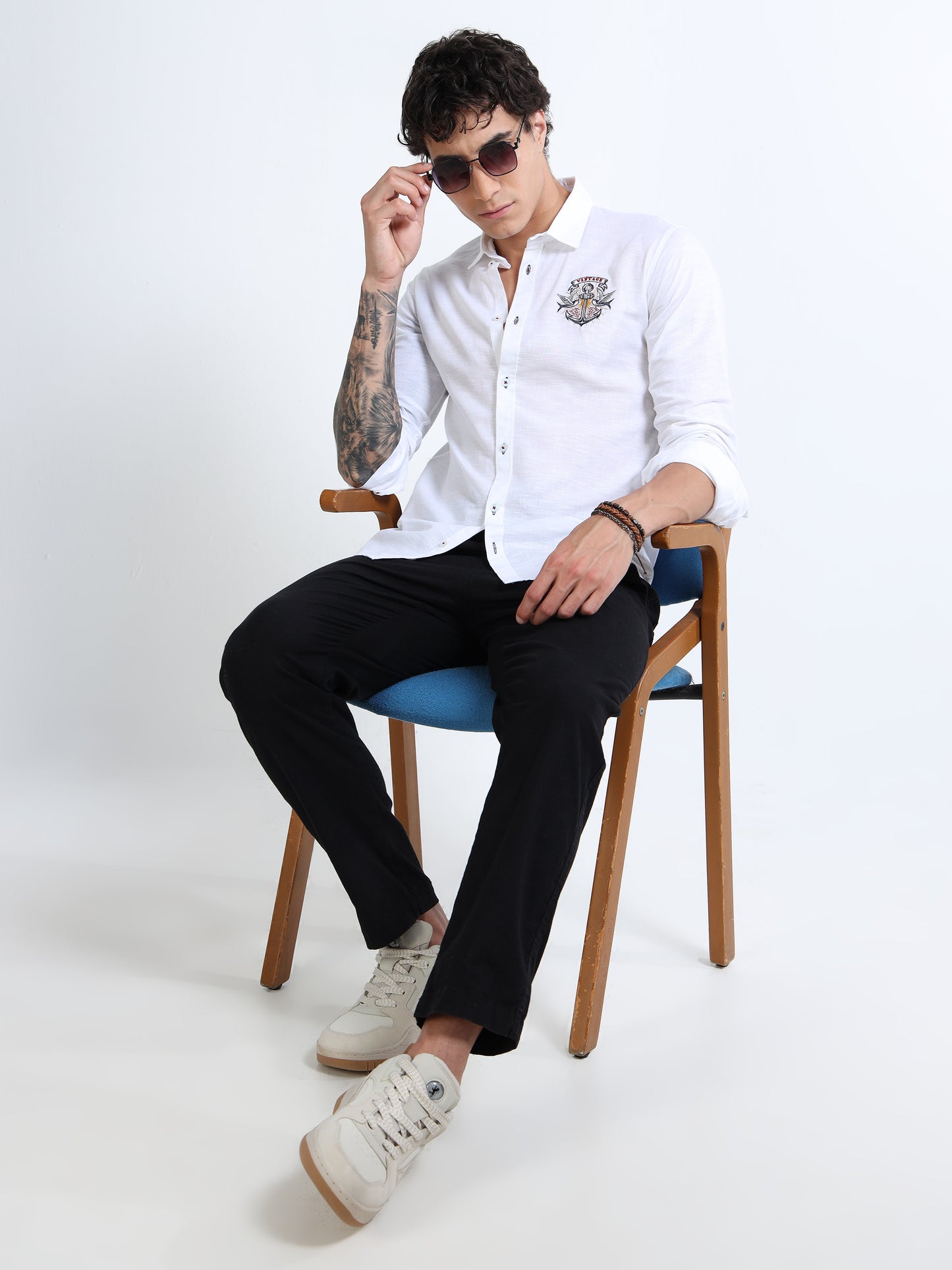 Men’s White Cotton Casual Shirt with Anchor Embroidery Detailing