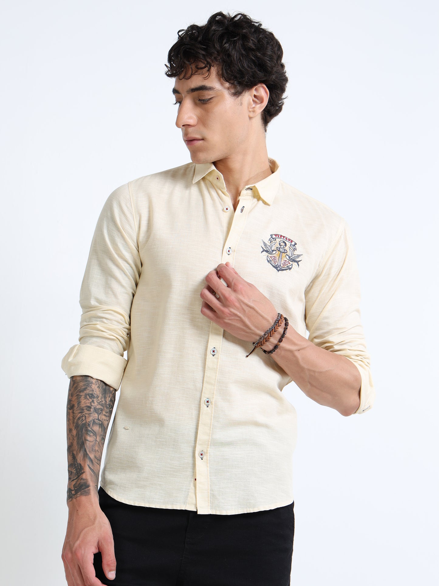 Men’s Beige-Yellow Cotton Casual Shirt with Anchor Embroidery Detailing