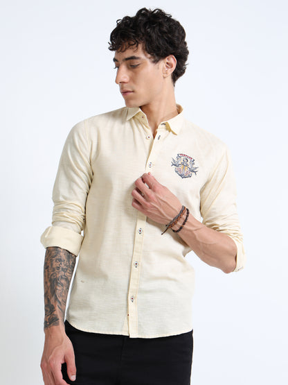 Men’s Beige-Yellow Cotton Casual Shirt with Anchor Embroidery Detailing
