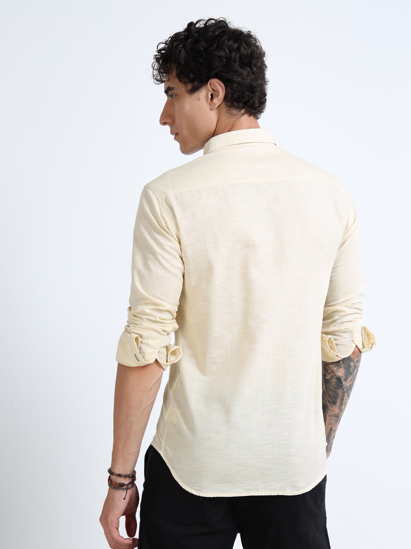 Men’s Beige-Yellow Cotton Casual Shirt with Anchor Embroidery Detailing