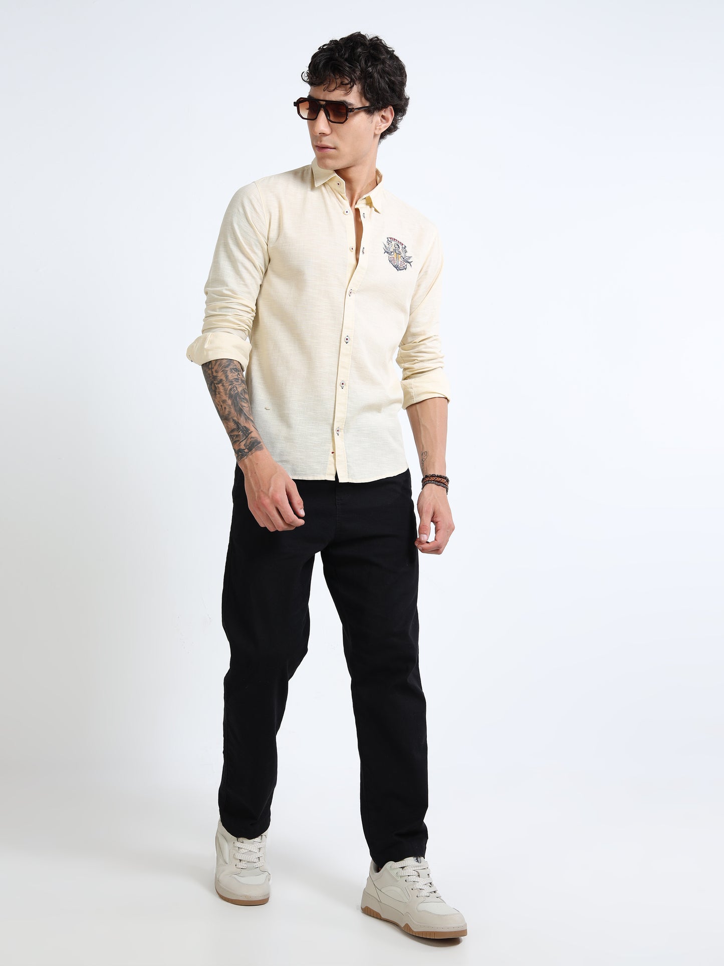 Men’s Beige-Yellow Cotton Casual Shirt with Anchor Embroidery Detailing