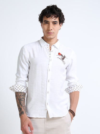 Men’s White Cotton Casual Shirt with Bird Embroidery Detailing