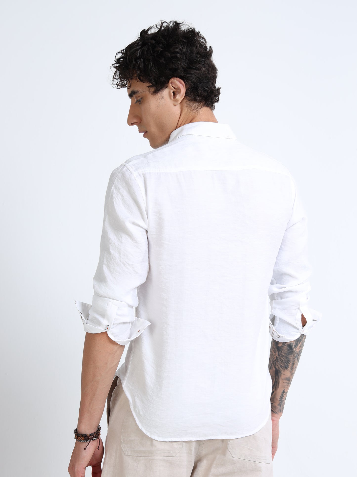 Men’s White Cotton Casual Shirt with Bird Embroidery Detailing