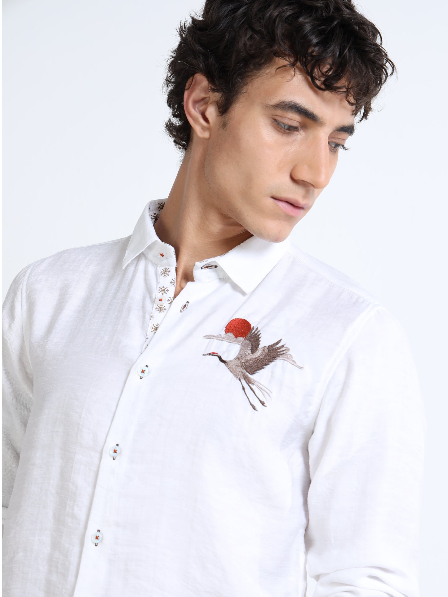 Men’s White Cotton Casual Shirt with Bird Embroidery Detailing