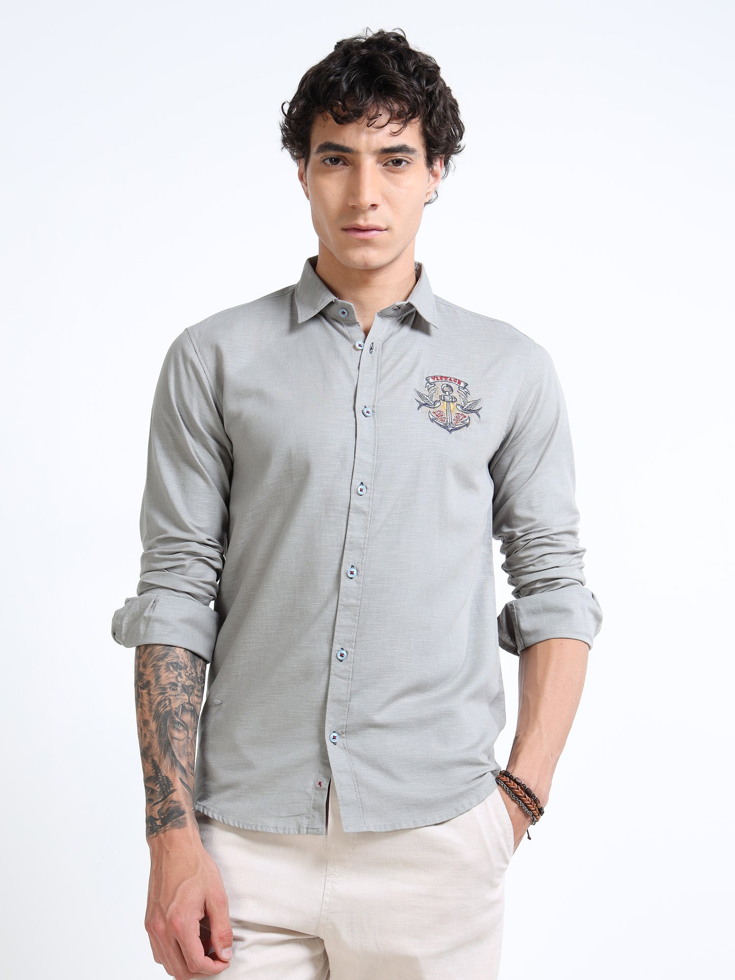 Men’s Grey Cotton Casual Shirt with Anchor Embroidery