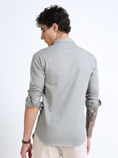 Men’s Grey Cotton Casual Shirt with Anchor Embroidery