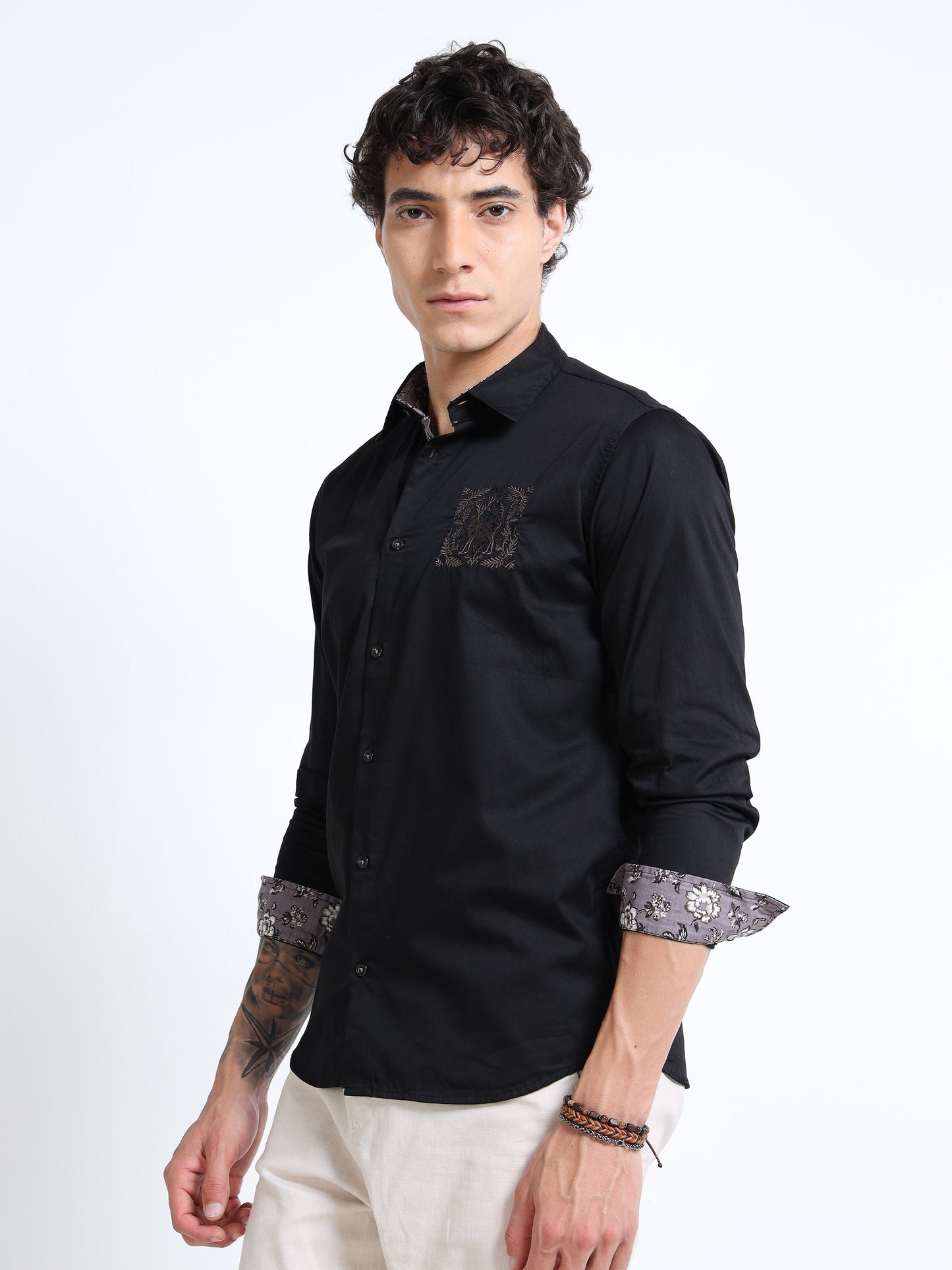 Men’s Black Cotton Casual Shirt with Embroidered Deer Detailing