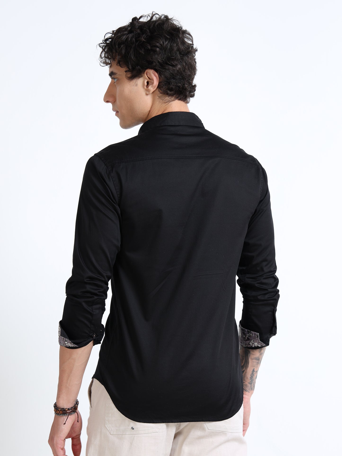 Men’s Black Cotton Casual Shirt with Embroidered Deer Detailing