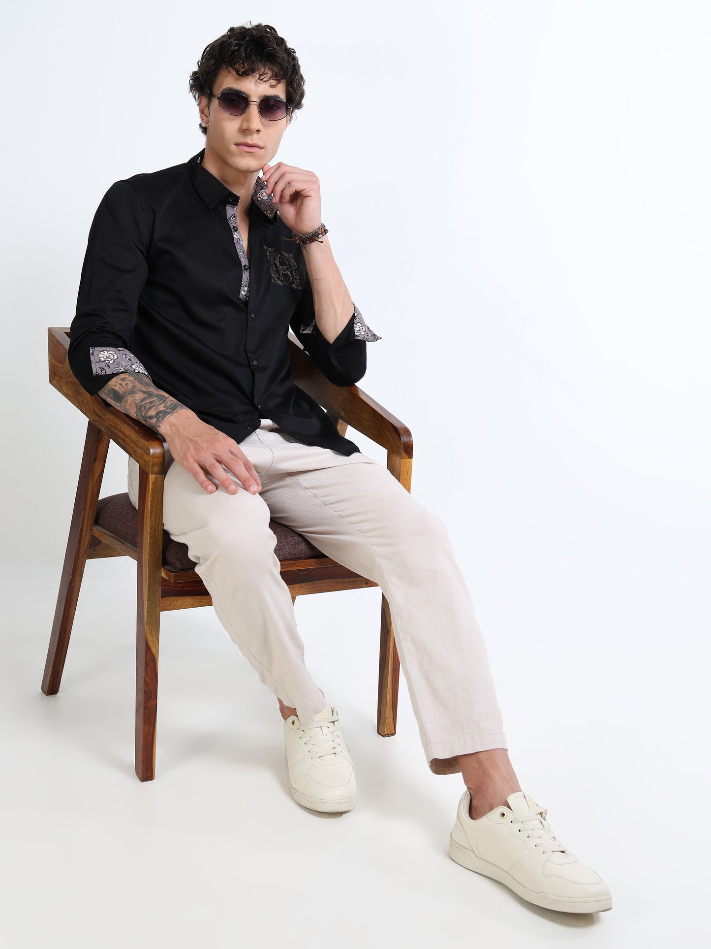 Men’s Black Cotton Casual Shirt with Embroidered Deer Detailing