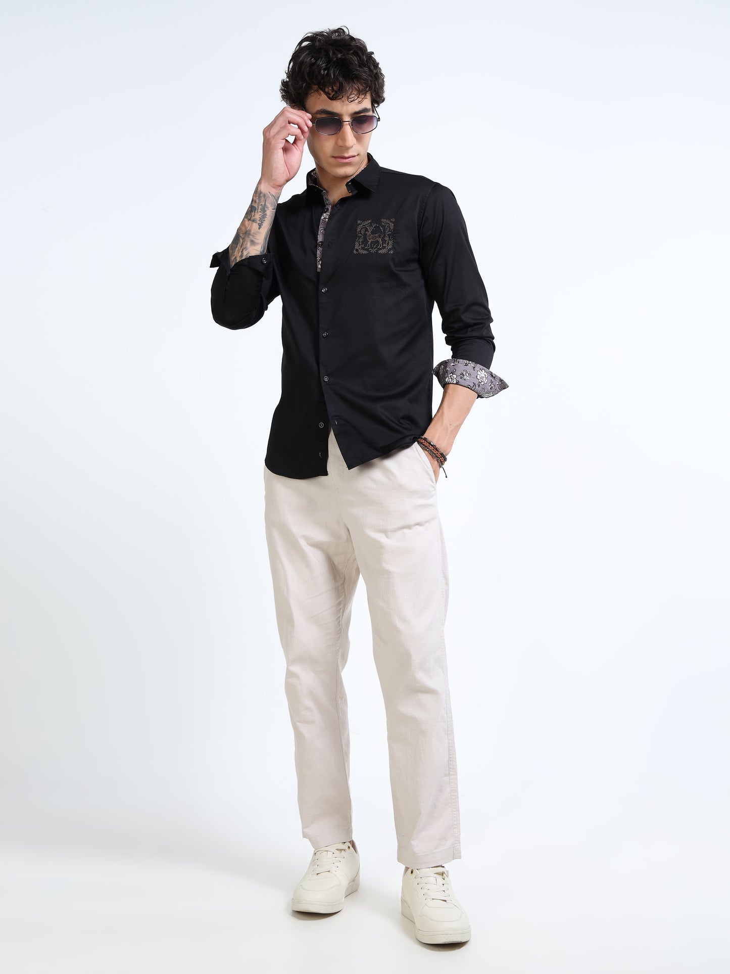 Men’s Black Cotton Casual Shirt with Embroidered Deer Detailing