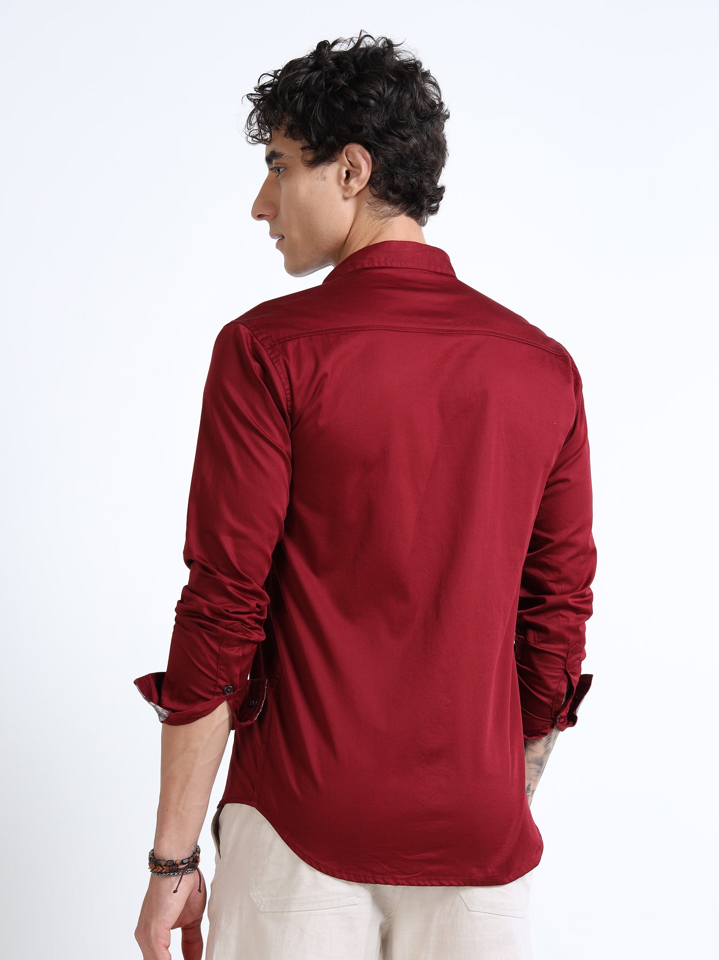 Men’s Maroon Casual Shirt with Embroidered Chest & Contrast Cuffs