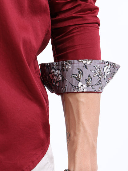 Men’s Maroon Casual Shirt with Embroidered Chest & Contrast Cuffs