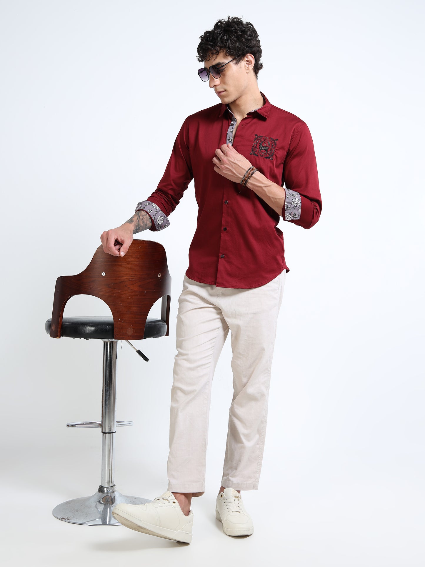 Men’s Maroon Casual Shirt with Embroidered Chest & Contrast Cuffs