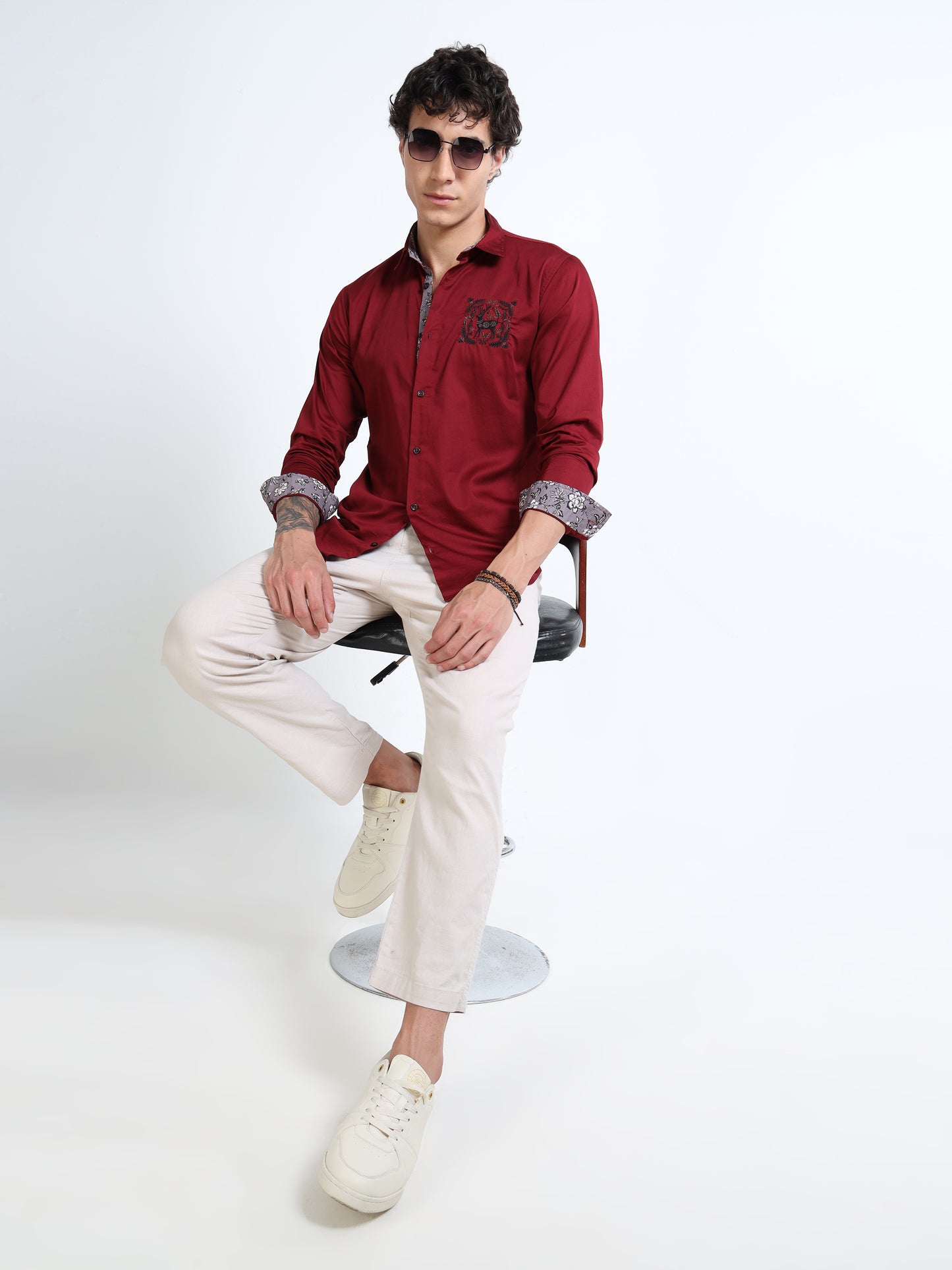 Men’s Maroon Casual Shirt with Embroidered Chest & Contrast Cuffs