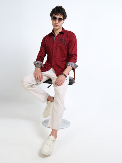 Men’s Maroon Casual Shirt with Embroidered Chest & Contrast Cuffs