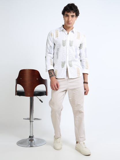 Men’s White Multicolor Embroidered Cotton Shirt with Textured Detailing