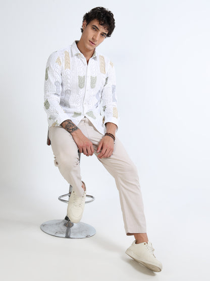 Men’s White Multicolor Embroidered Cotton Shirt with Textured Detailing