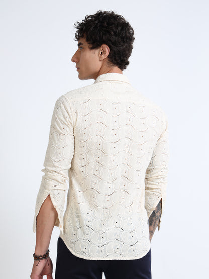 Men’s Cream Cotton Casual Shirt with Paisley Embroidery Detailing