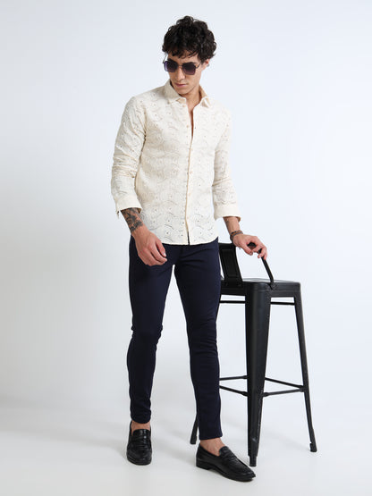 Men’s Cream Cotton Casual Shirt with Paisley Embroidery Detailing