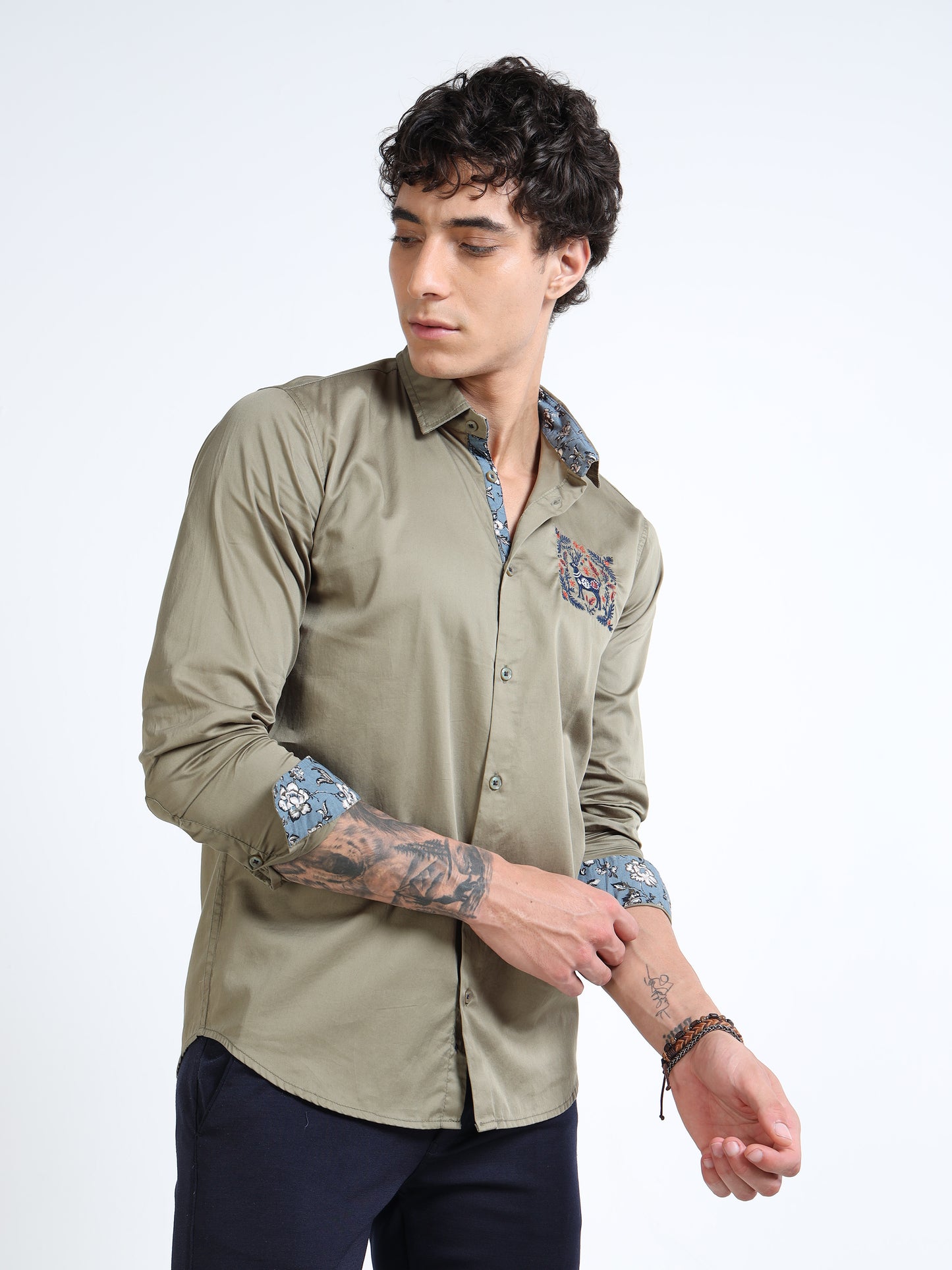Men’s Olive Green Slim-Fit Shirt with Embroidered Stag Motif