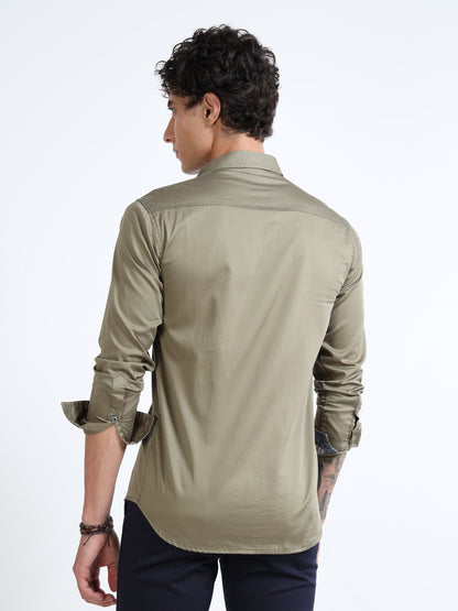 Men’s Olive Green Slim-Fit Shirt with Embroidered Stag Motif