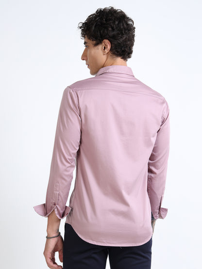 Men’s Mauve Slim-Fit Cotton Shirt with Embroidered Deer Motif
