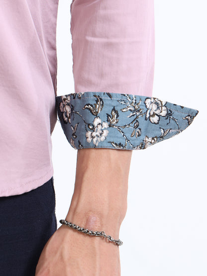 Men’s Mauve Slim-Fit Cotton Shirt with Embroidered Deer Motif