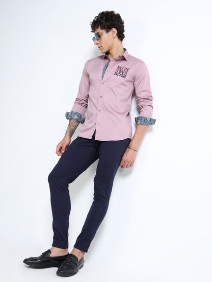 Men’s Mauve Slim-Fit Cotton Shirt with Embroidered Deer Motif