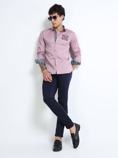 Men’s Mauve Slim-Fit Cotton Shirt with Embroidered Deer Motif