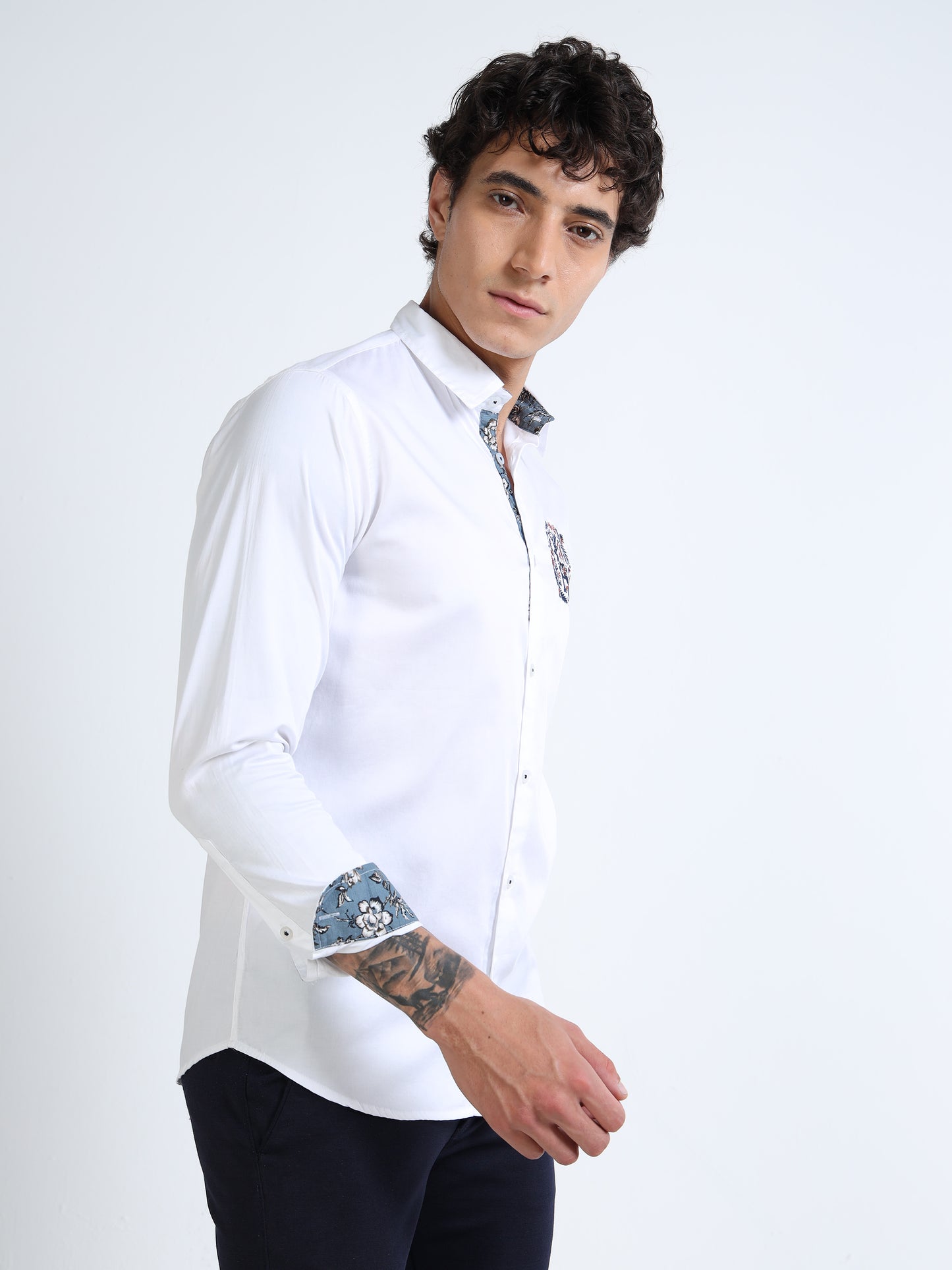 White Slim Fit Shirt with Embroidered Detail & Contrast Floral Accents