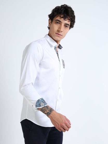 White Slim Fit Shirt with Embroidered Detail & Contrast Floral Accents