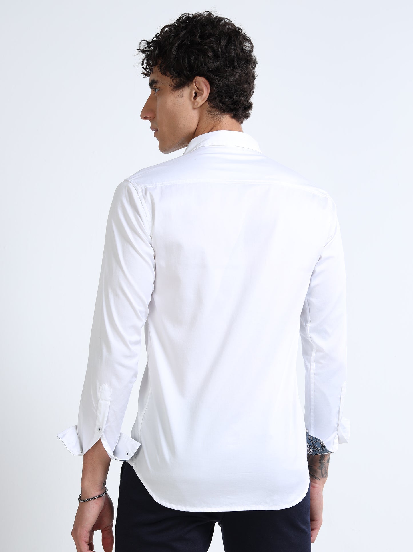 White Slim Fit Shirt with Embroidered Detail & Contrast Floral Accents