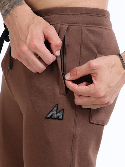 Men’s Coffee Brown Slim Fit Joggers with Adjustable Drawstring Waist & Utility Pockets