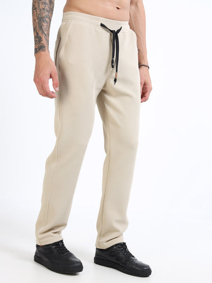 Men’s Beige Slim Fit Joggers with Adjustable Drawstring Waist & Side Pockets