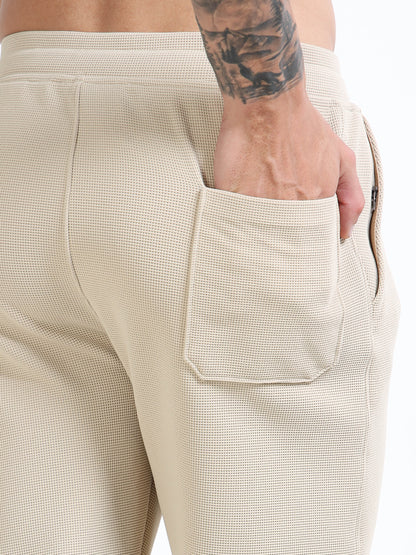 Men’s Beige Slim Fit Joggers with Adjustable Drawstring Waist & Side Pockets