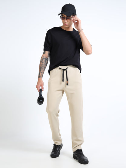 Men’s Beige Slim Fit Joggers with Adjustable Drawstring Waist & Side Pockets