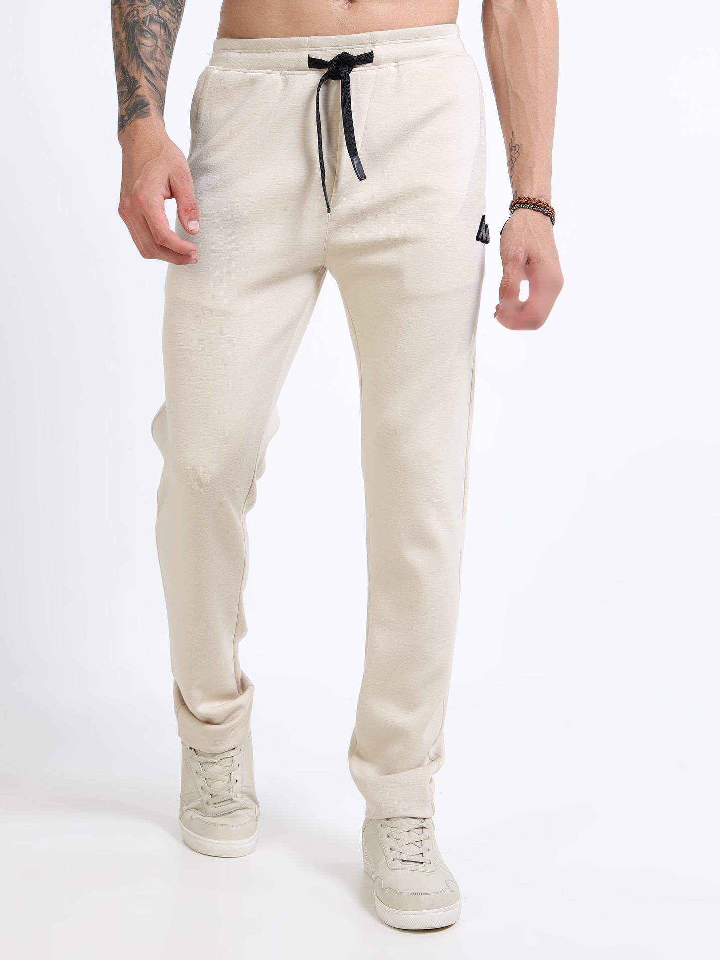 Men’s Cream Slim Fit Joggers with Adjustable Drawstring Waist & Side Pockets