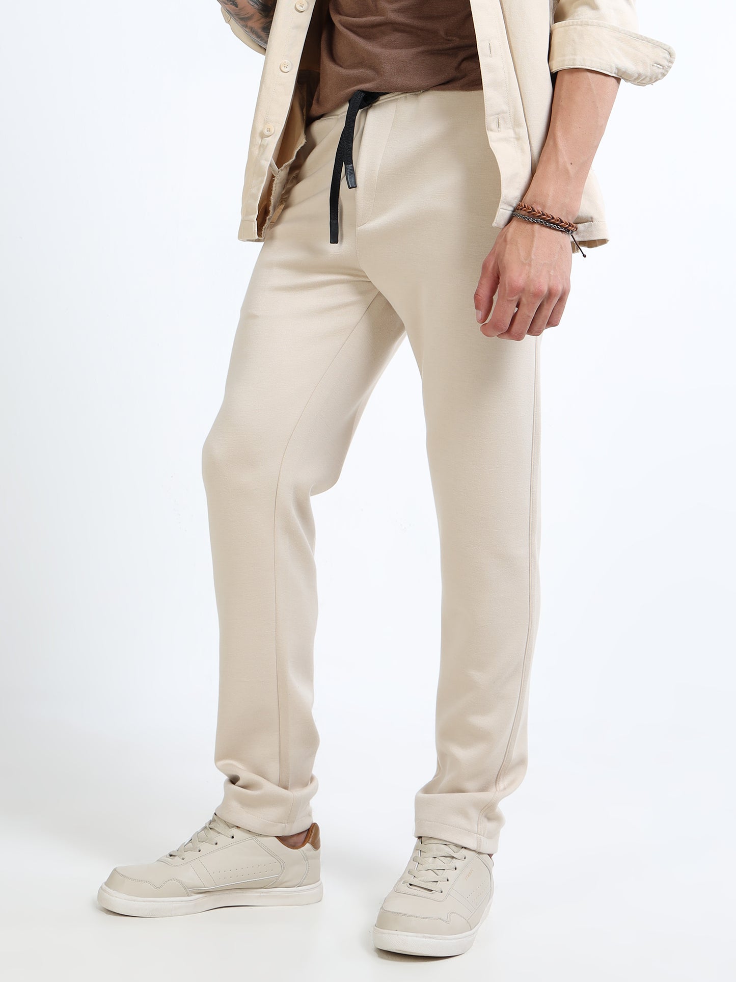 Men’s Cream Slim Fit Joggers with Adjustable Drawstring Waist & Side Pockets