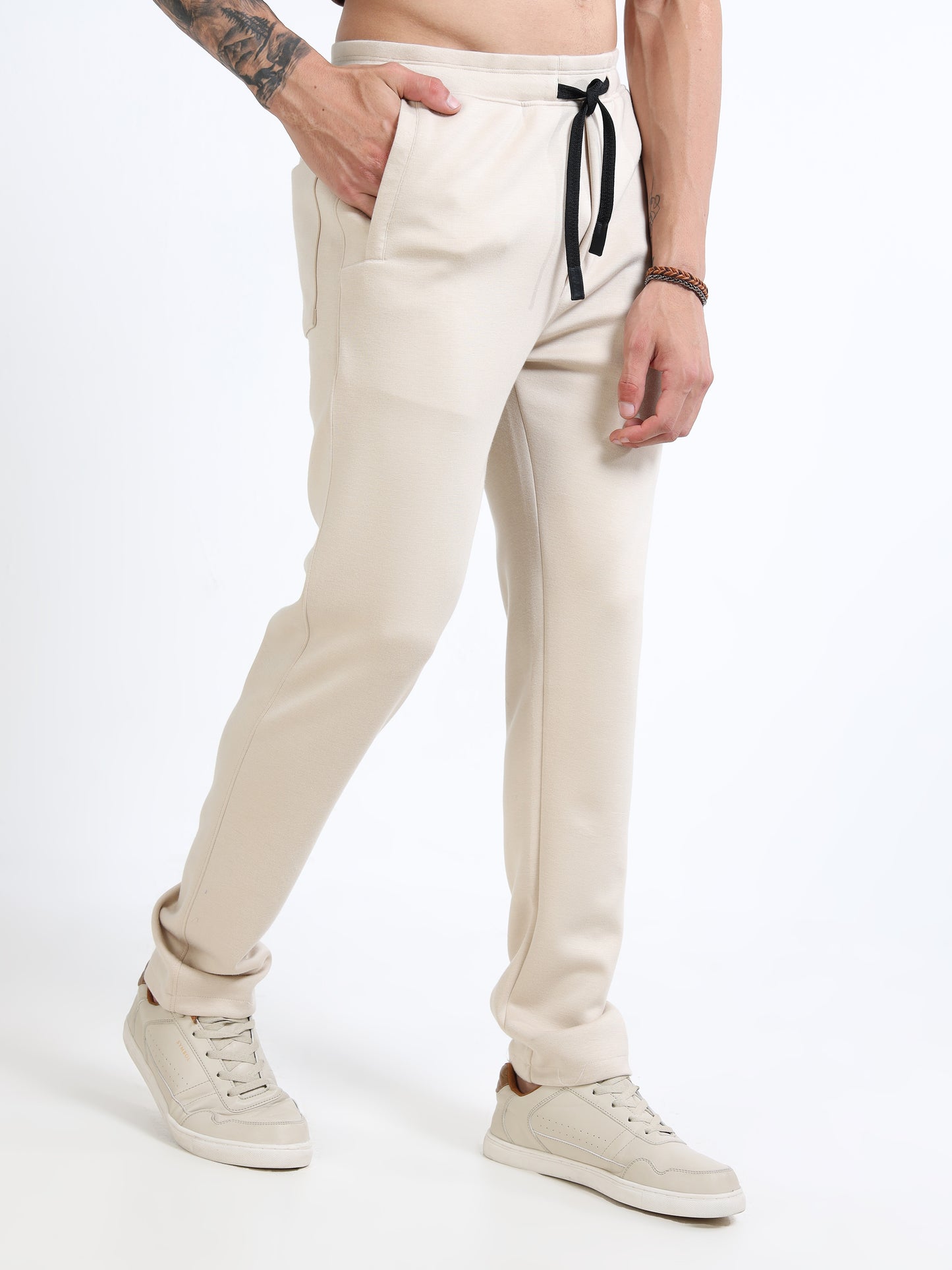 Men’s Cream Slim Fit Joggers with Adjustable Drawstring Waist & Side Pockets