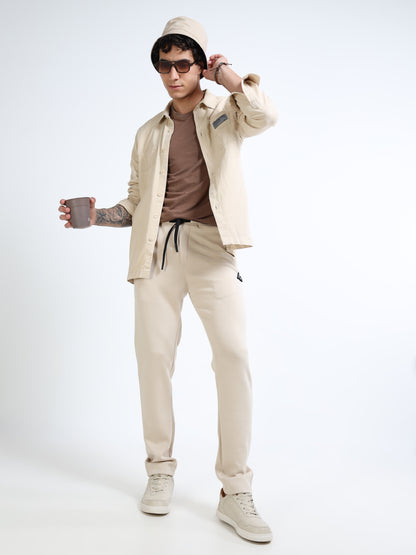 Men’s Cream Slim Fit Joggers with Adjustable Drawstring Waist & Side Pockets