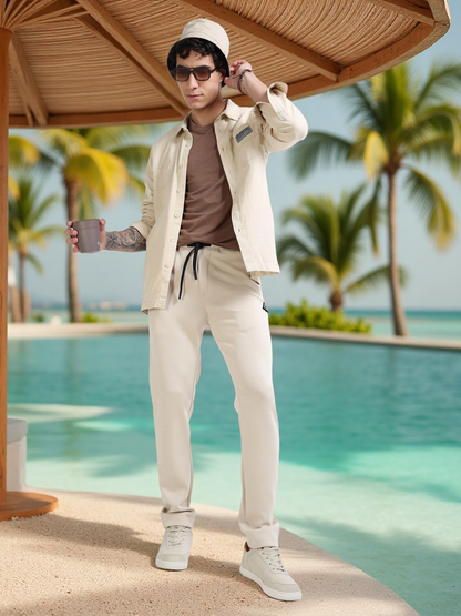 Men’s Cream Slim Fit Joggers with Adjustable Drawstring Waist & Side Pockets