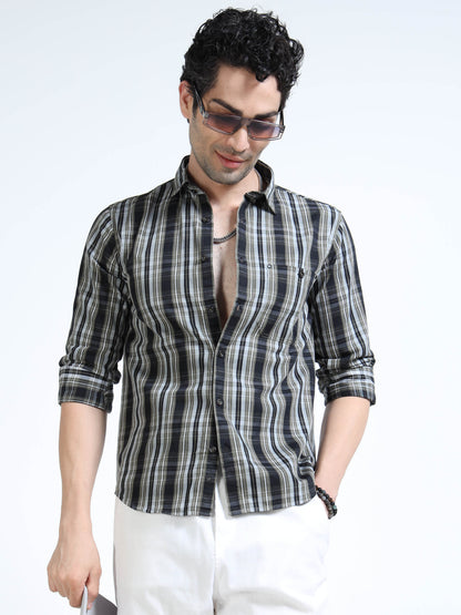 Men’s Grey & Black Check Cotton Linen Shirt
