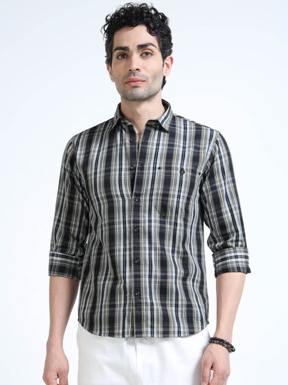 Men’s Grey & Black Check Cotton Linen Shirt