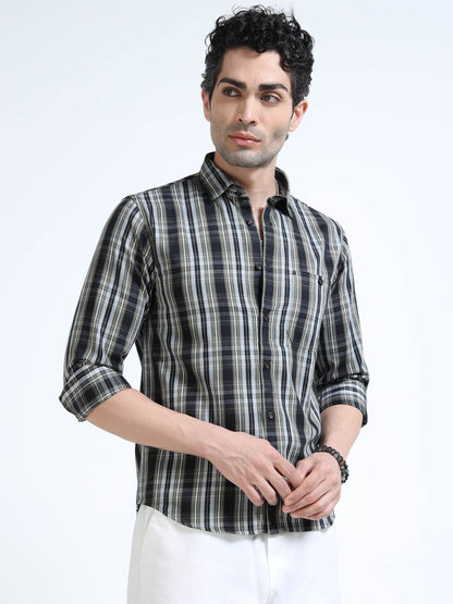 Men’s Grey & Black Check Cotton Linen Shirt