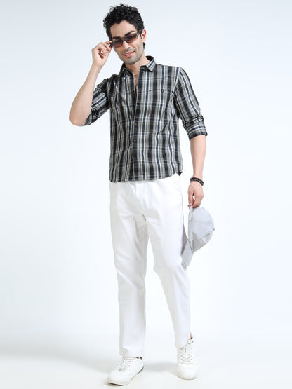 Men’s Grey & Black Check Cotton Linen Shirt