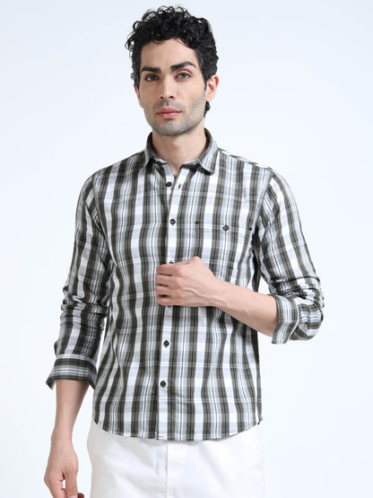 Men’s Olive & White Textured Check Cotton Linen Shirt